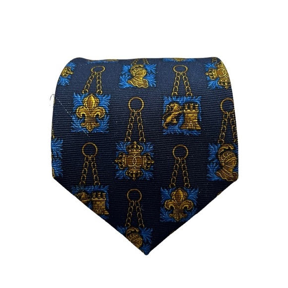 CHANEL Men's Neck Tie Blue Chain Print Silk Italy - Picture 1 of 7